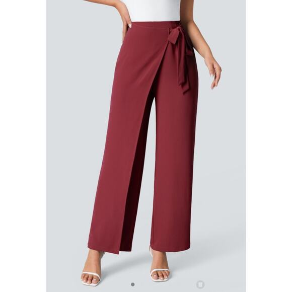 High Waisted Tie Side Invisible Zipper Wide Leg Work Pants - Picture 3 of 4
